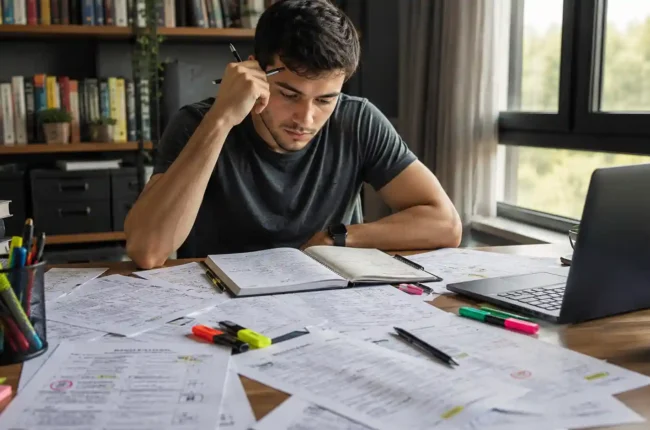 Rapaz concentrado estudando com caderno aberto, notebook e várias folhas de simulados e mapas mentais espalhados sobre uma mesa de madeira.