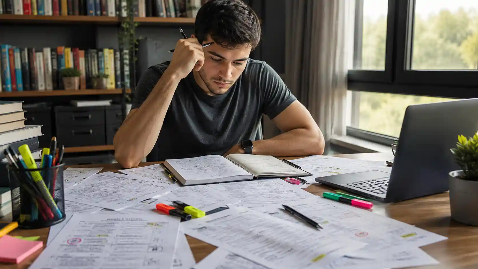 Rapaz concentrado estudando com caderno aberto, notebook e várias folhas de simulados e mapas mentais espalhados sobre uma mesa de madeira.