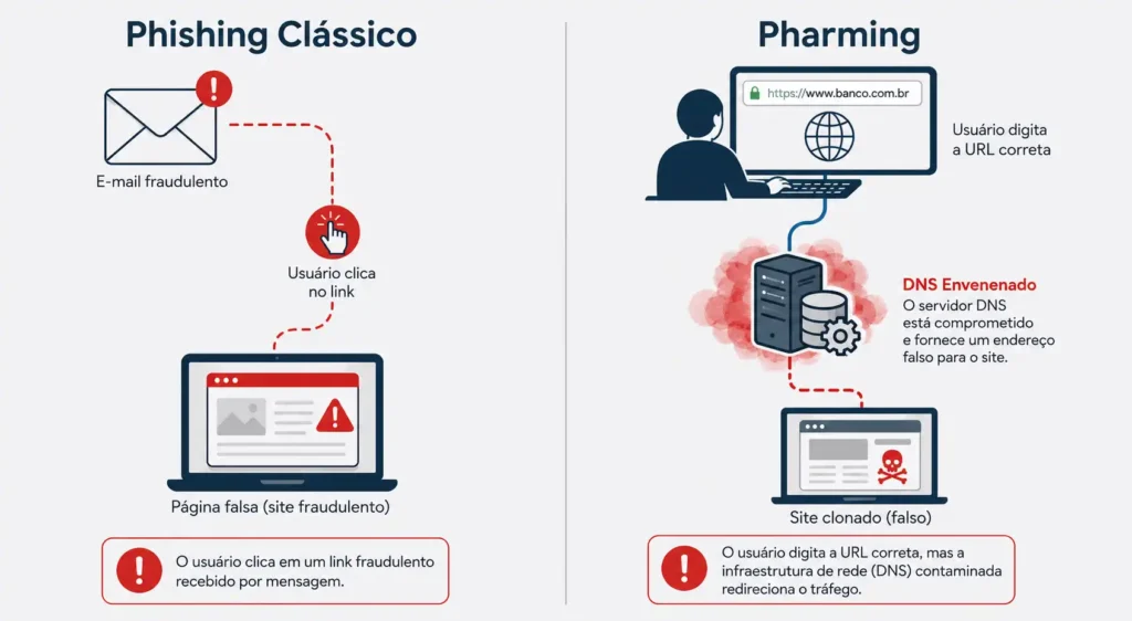 Infográfico comparativo exibindo o fluxo do Phishing Clássico através de clique em link falso versus o fluxo do Pharming através do envenenamento de DNS.