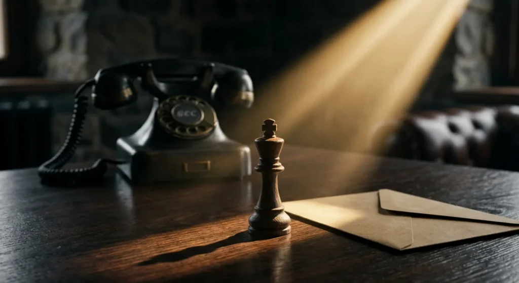 Uma peça de xadrez de um rei de madeira ao lado de um envelope lacrado sobre uma mesa de escritório escura e iluminada dramaticamente.