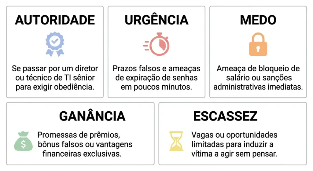 Matriz visual contendo os cinco principais gatilhos psicológicos da engenharia social: Autoridade, Urgência, Medo, Ganância e Escassez.