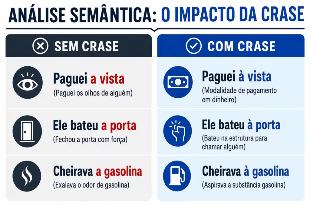 Tabela comparativa mostrando pares de frases onde a presença da crase muda o significado do texto.