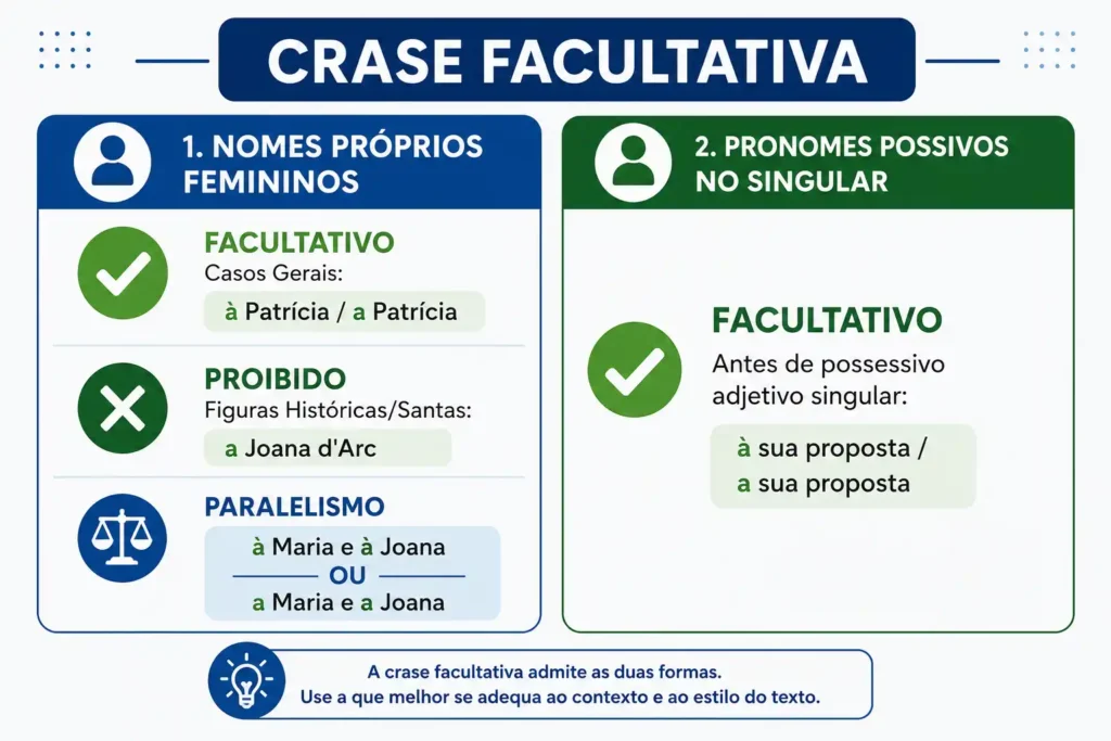 Infográfico detalhando as regras de crase facultativa antes de nomes próprios femininos e pronomes possessivos no singular.