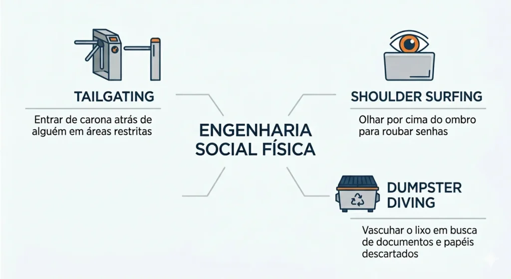 Infográfico em formato de mapa mental detalhando as técnicas de Tailgating, Shoulder Surfing e Dumpster Diving com ícones e explicações em português.