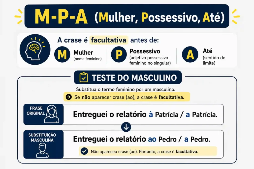 Infográfico pedagógico ilustrando o mnemônico MPA e o teste de substituição pelo masculino para conferência de crase.