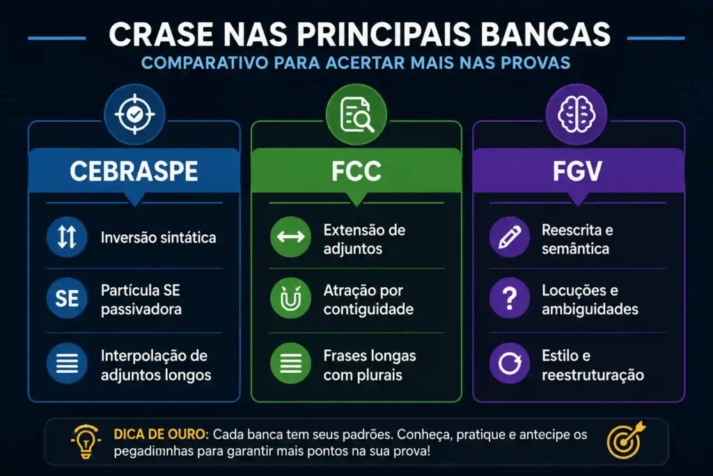 Infográfico comparativo exibindo o perfil de cobrança de concordância verbal nas bancas Cebraspe, FCC e FGV.