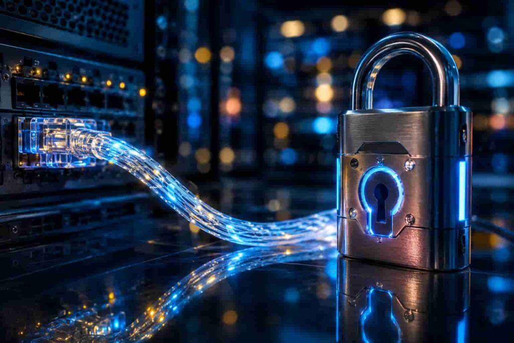 Um cadeado de aço escovado com LED azul ao lado de um cabo de fibra óptica iluminado conectado a um servidor de rede em ambiente de TI.