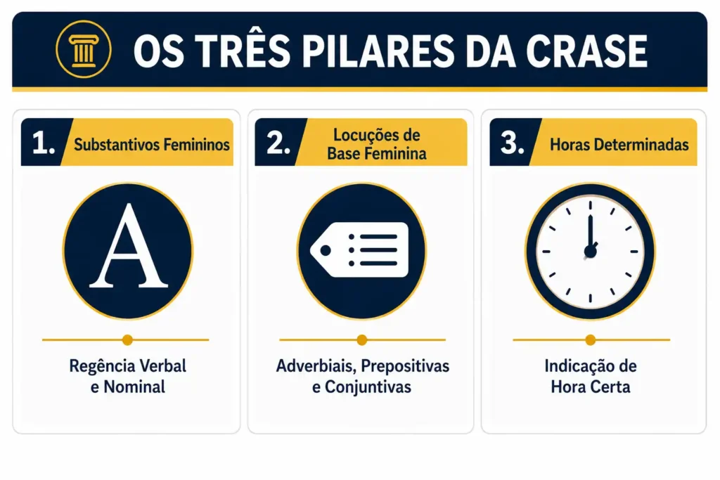 Os três pilares obrigatórios do uso da crase na gramática.
