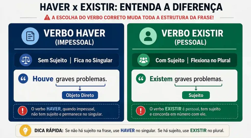 Infográfico comparativo explicando a diferença sintática entre o verbo Haver impessoal e o verbo Existir pessoal