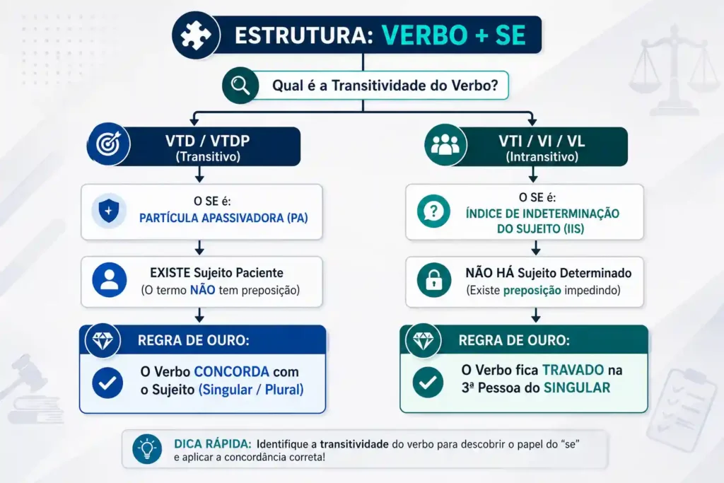 Infográfico em fluxograma explicando como identificar Partícula Apassivadora e Índice de Indeterminação do Sujeito conforme a transitividade verbal.