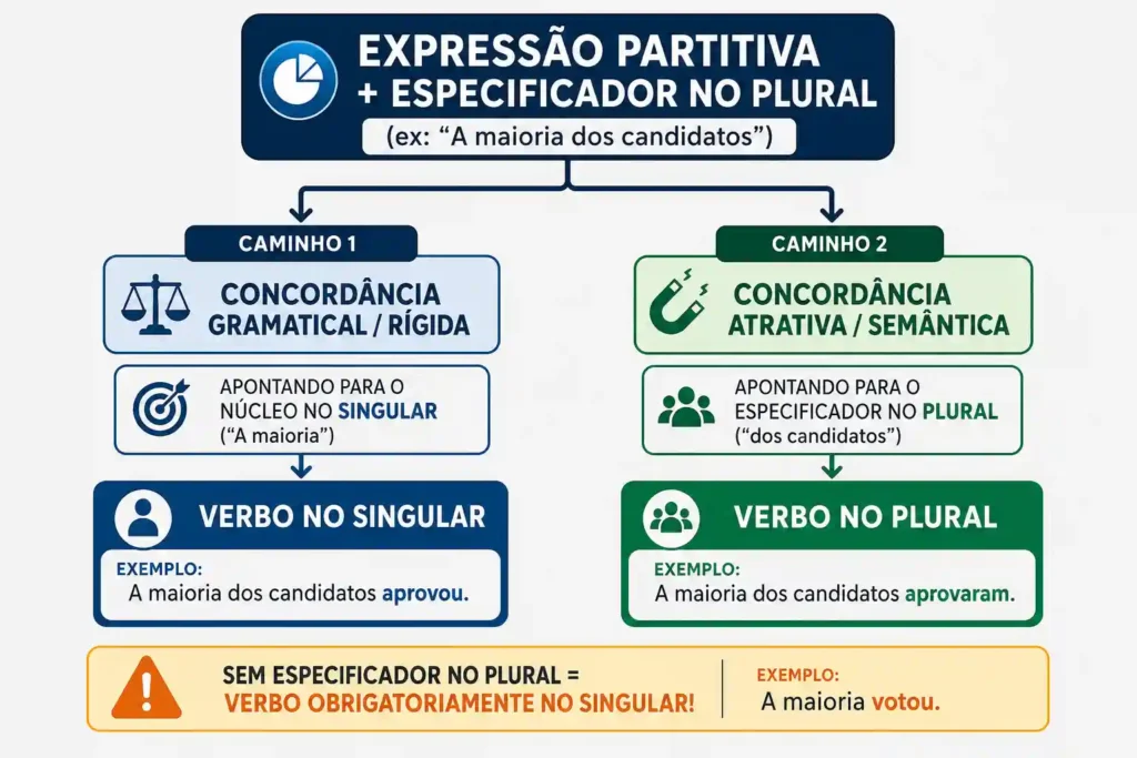 Infográfico explicativo mostrando as duas opções de concordância verbal com expressões partitivas: gramatical no singular e atrativa no plural.