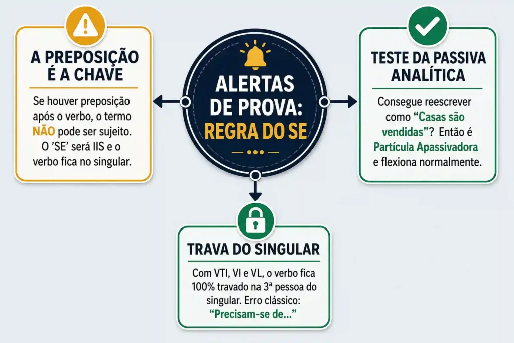 Mapa mental resumindo os principais alertas e pegadinhas sobre concordância com a palavra SE em concursos públicos.