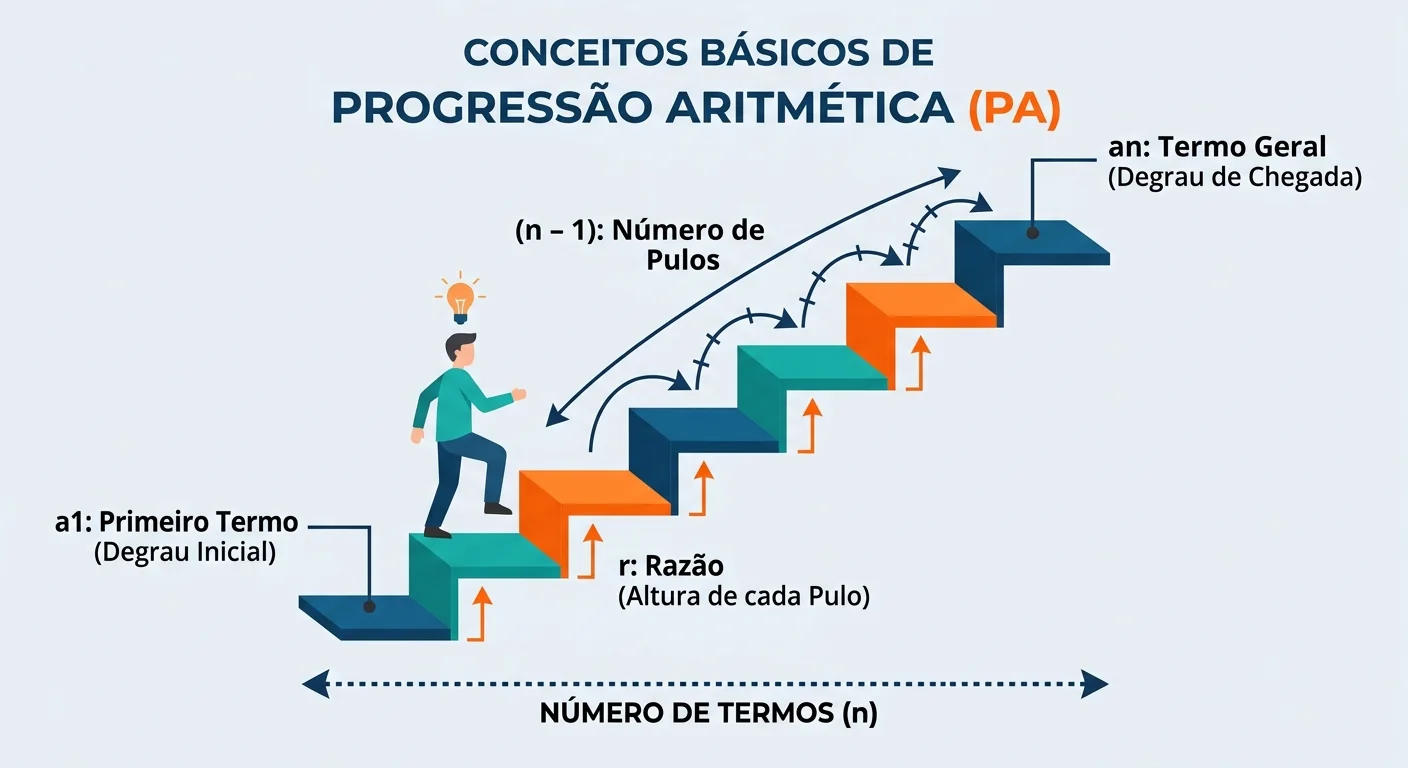 infografico-analogia-escada-progressao-aritmetica Infográfico educacional ilustrando a analogia da escada para entender a Progressão Aritmética e seus termos.