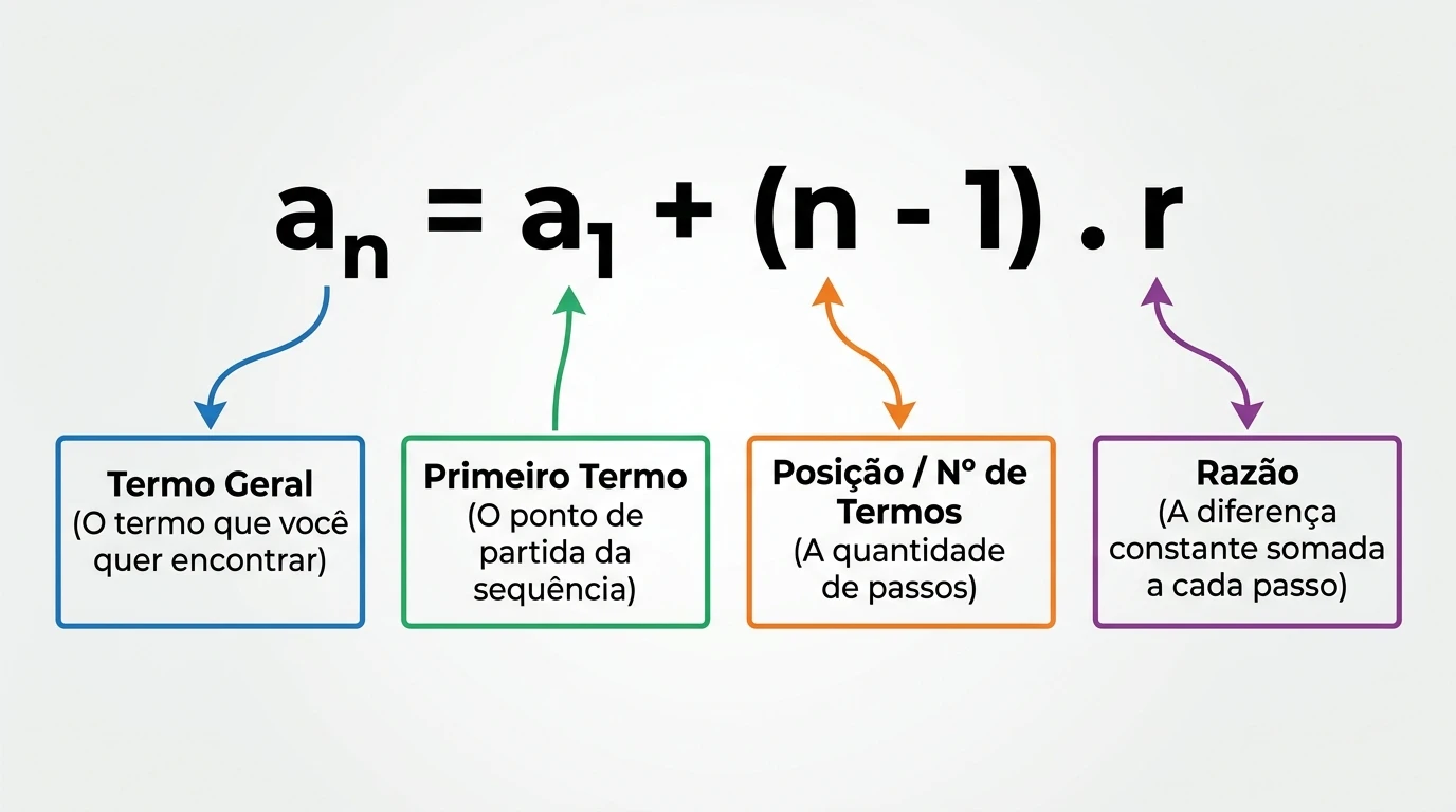 Infográfico explicativo da fórmula do termo geral da PA detalhando an, a1, n e r.