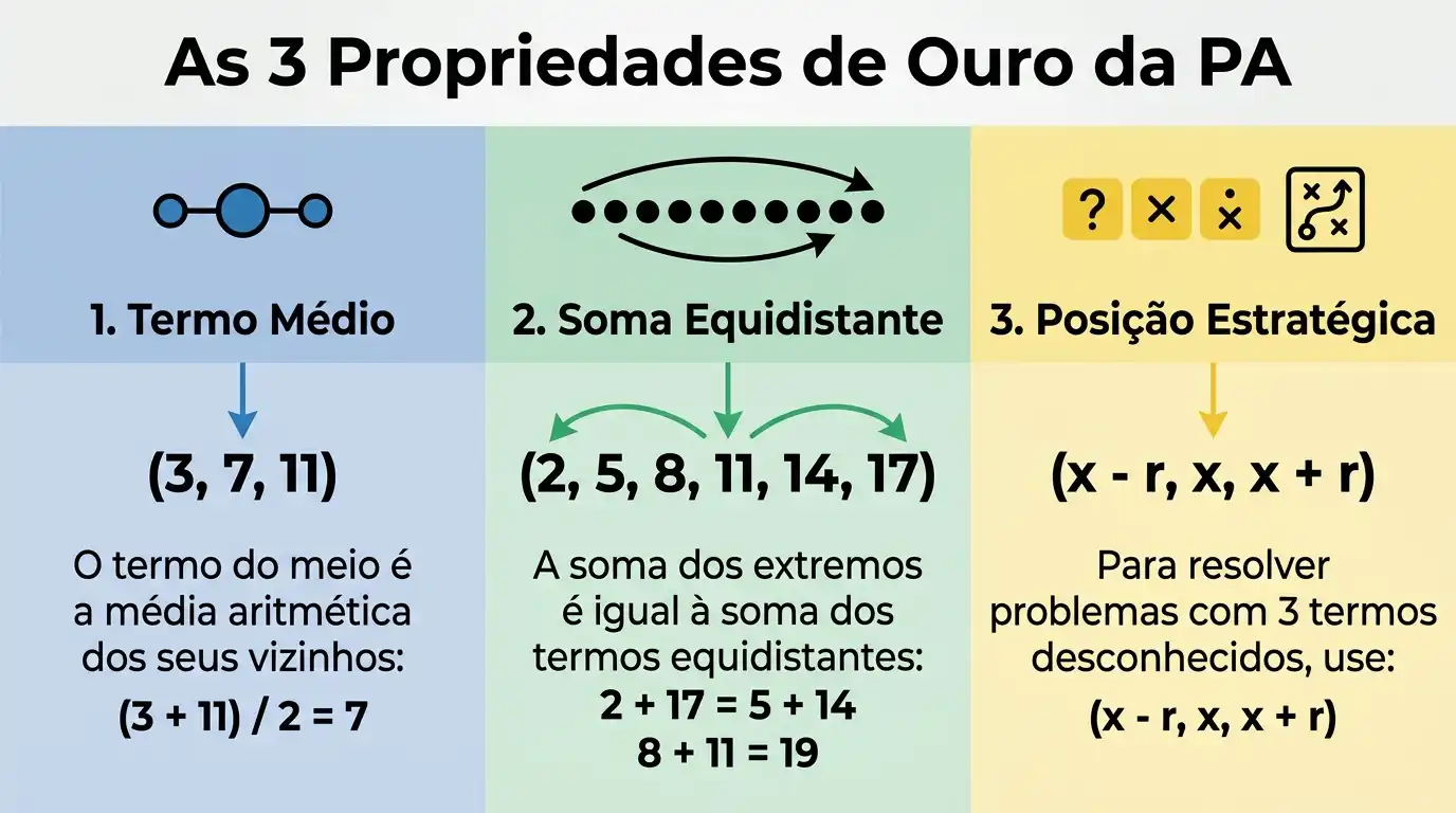 Tabela com as três principais propriedades da Progressão Aritmética e exemplos práticos.