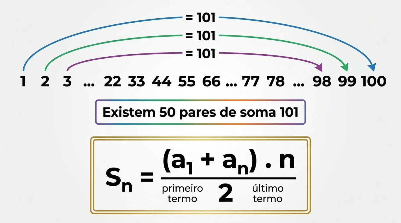 Diagrama explicando a soma dos termos da PA pelo método dos pares de Gauss.